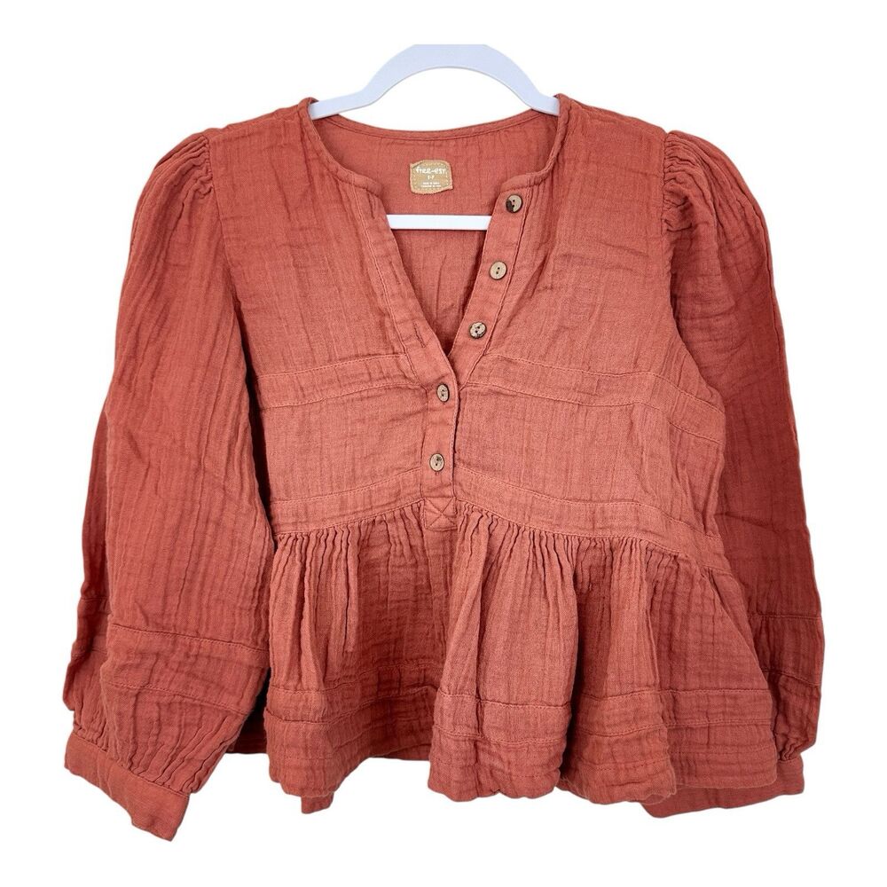 Free People Luka Crop Babydoll Top Sz S Orange Gauze Shirt 3/4 Sleeves Oversized